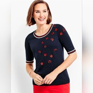 Oprah Magazine X Talbots Navy Bead Embroidery Lady Bug Limited Edition Sweater
